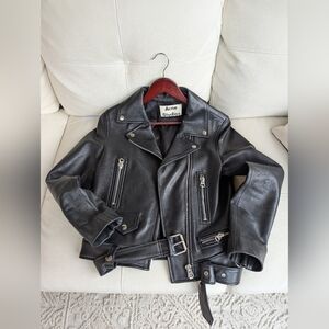 Acne Studios Mock Black Leather Belted Biker Jacket Size 34